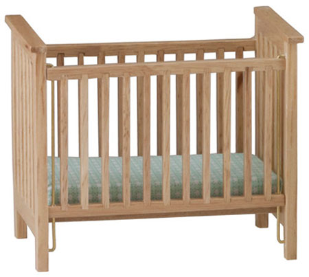 Slatted Nursery Crib, Oak with Blue Pattern Fabric